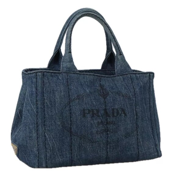 PRADA Canapa PM Hand Bag Denim Blue Gold Auth - Picture 4 of 15